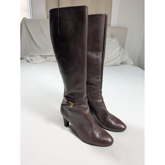 Lauren By Ralph Lauren Sandie Dark Brown Leather Knee Boots Heels Size 7 B - Picture 1 of 11